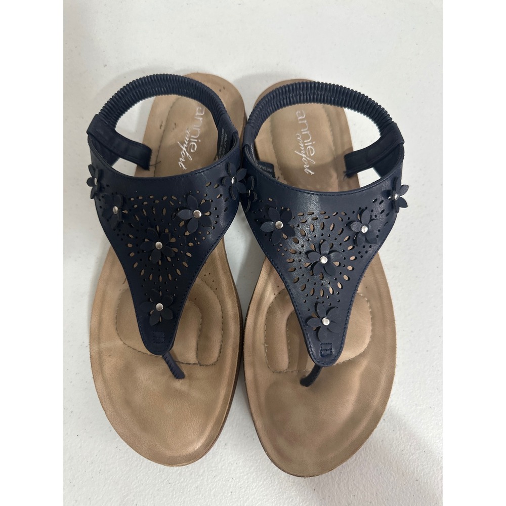 Annie Comfort Ayacht Navy Blue Floral Laser Cut Slingback Sandals Womens 10M